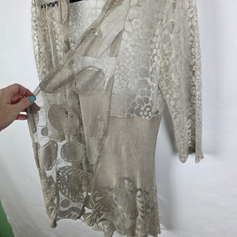 Ania A Floral Lace Mesh Open Front Duster Cardigan‎ Champagne Taupe 3/4 Sleeve - Picture 3 of 6